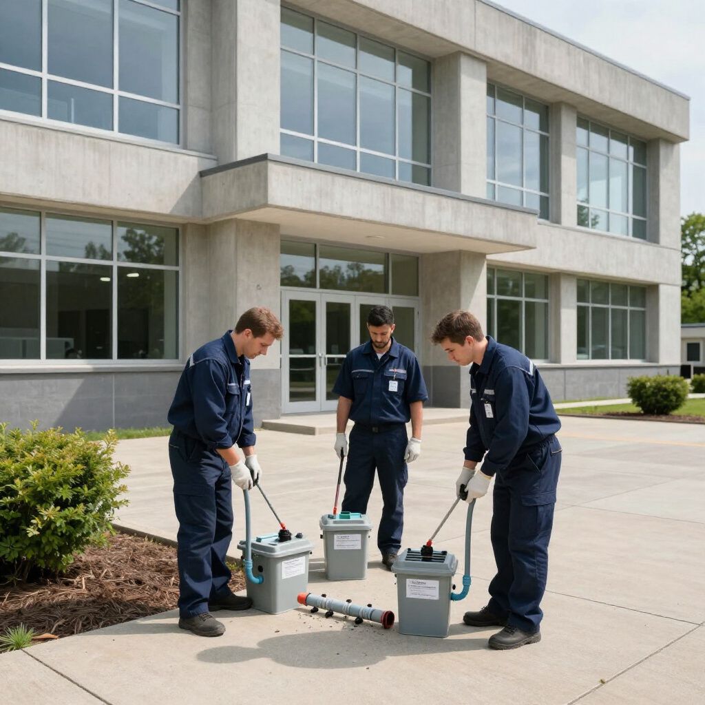 Three workers in blue uniforms cleaning outdoors near a building with gray containers and tools.