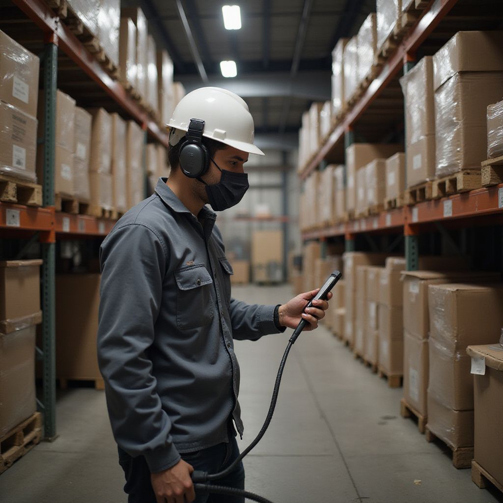 Warehouse worker scanning boxes on shelves with a device; wearing PPE, mask, and ear protection.