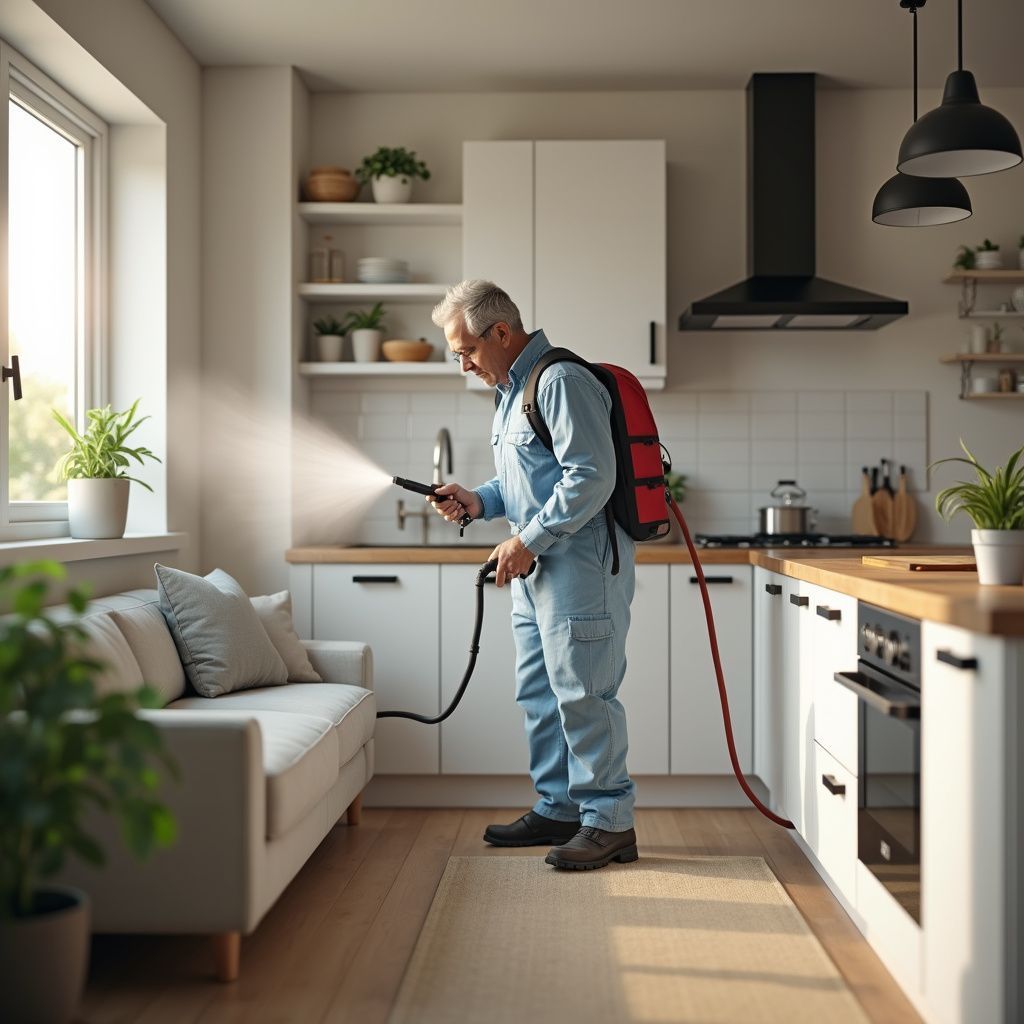 Pest control worker spraying a kitchen. He wears a blue jumpsuit and backpack, spraying a couch.