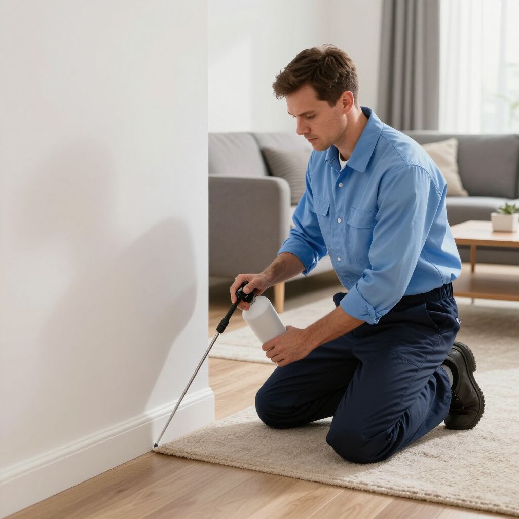 Man in blue uniform kneels, spraying pesticide along baseboard. Interior room with beige rug and gray couch.