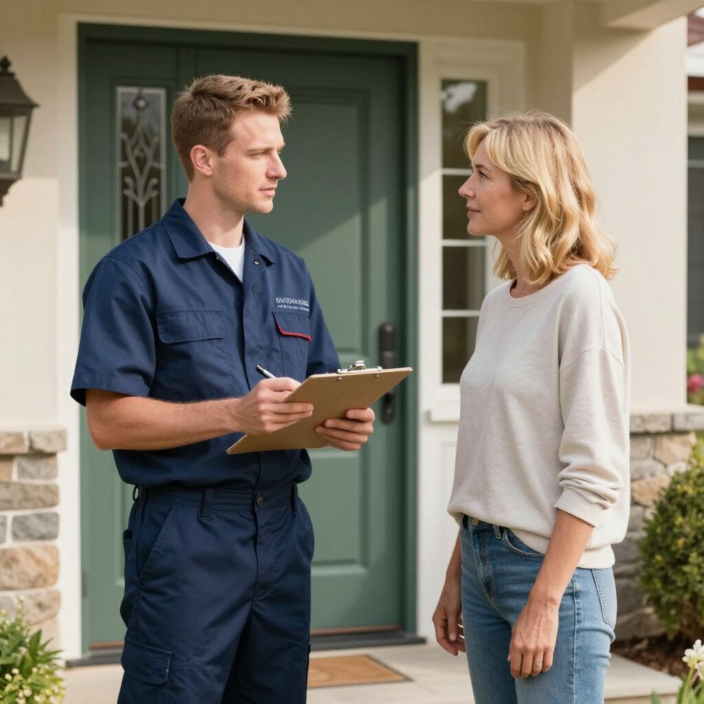 A service worker in navy blue uniform talks to a woman at a house's front door.