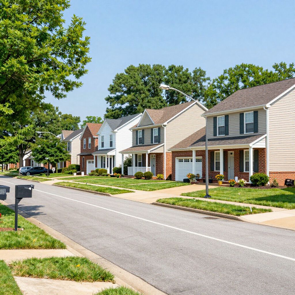 Row of suburban houses along a sunny street with green lawns and trees.