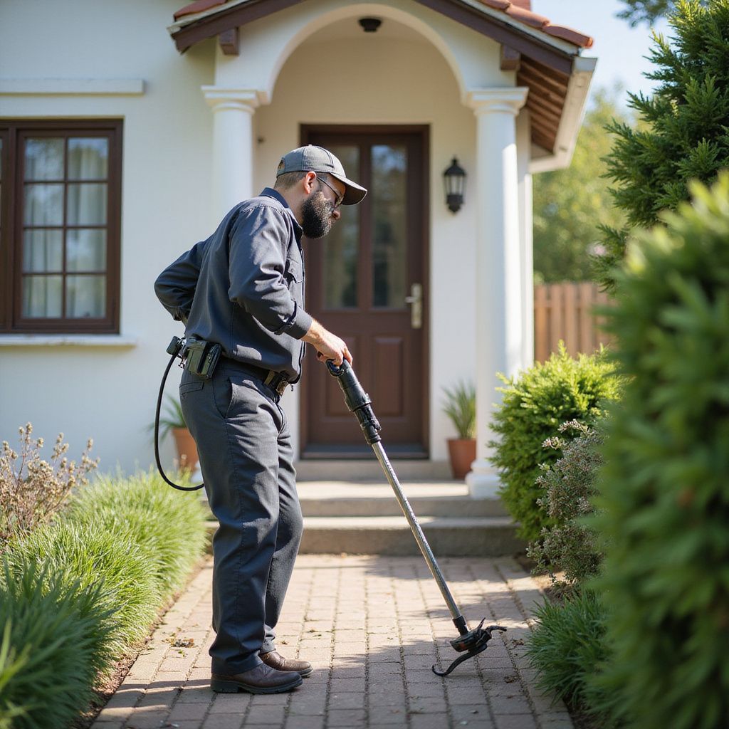 Man in work uniform inspecting a brick path with a handheld device near a house.
