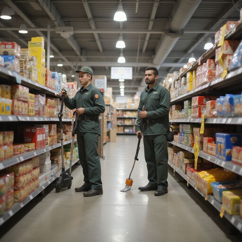 Two people in green uniforms inspect grocery store shelves with tools.