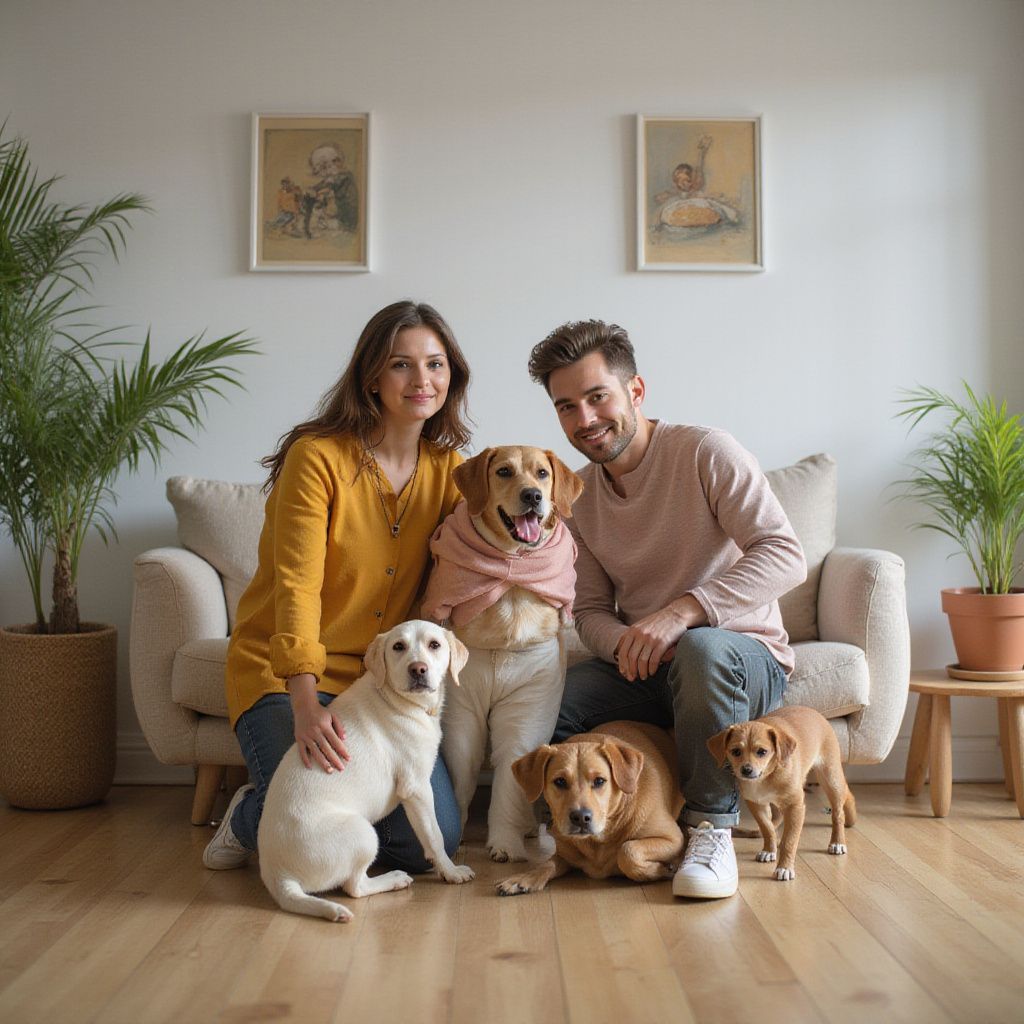 A couple poses with four dogs in a living room, smiling. Yellow walls, wood floor, couch, plants, framed art.