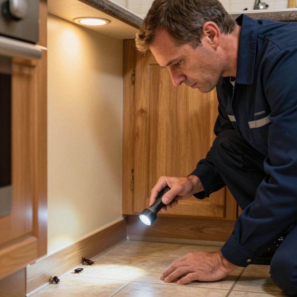 Pest control worker inspecting a kitchen floor with a flashlight, looking for insects near the cabinet base.