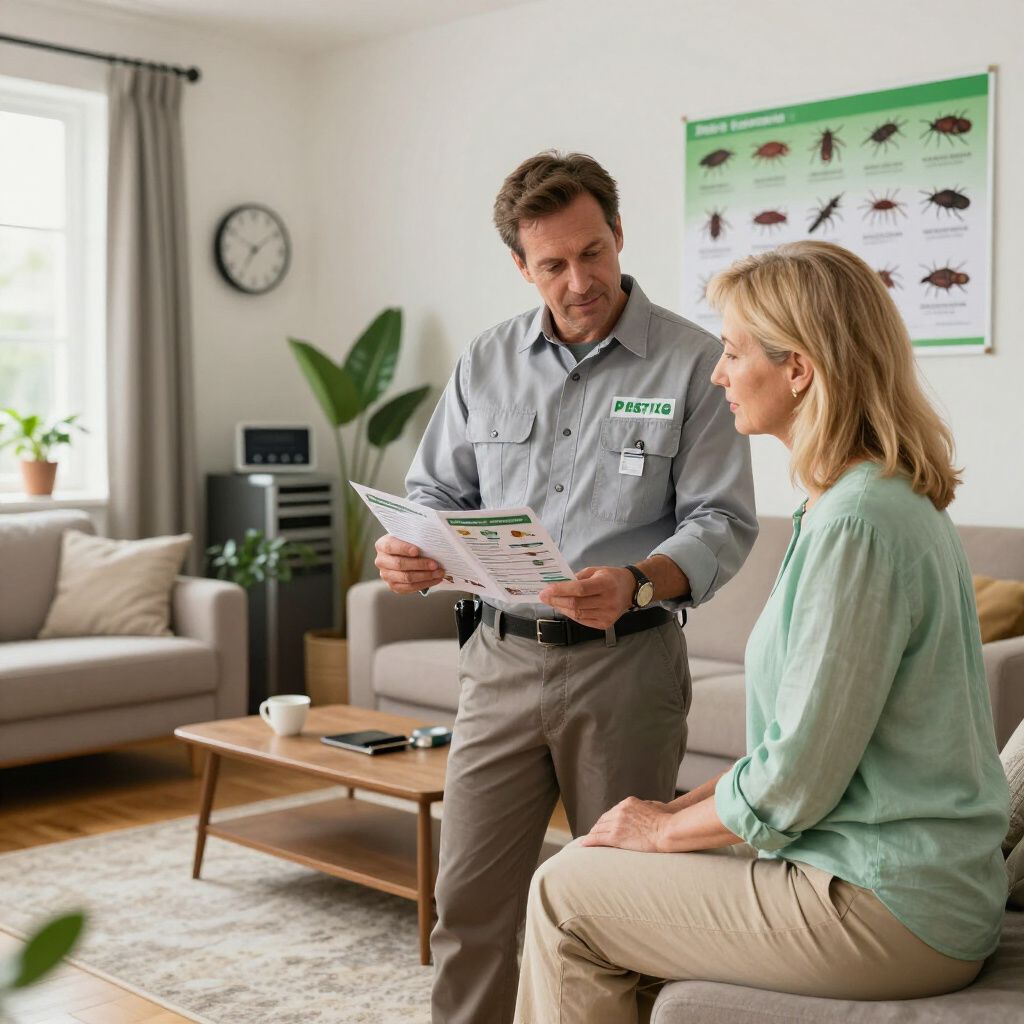 Pest control worker showing a brochure to a woman in a living room; a chart of insects is on the wall.