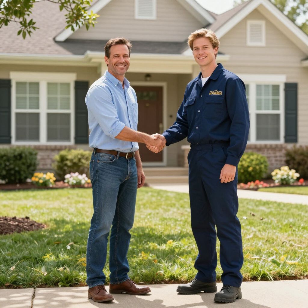 Man shakes hands with service technician in front of a house.