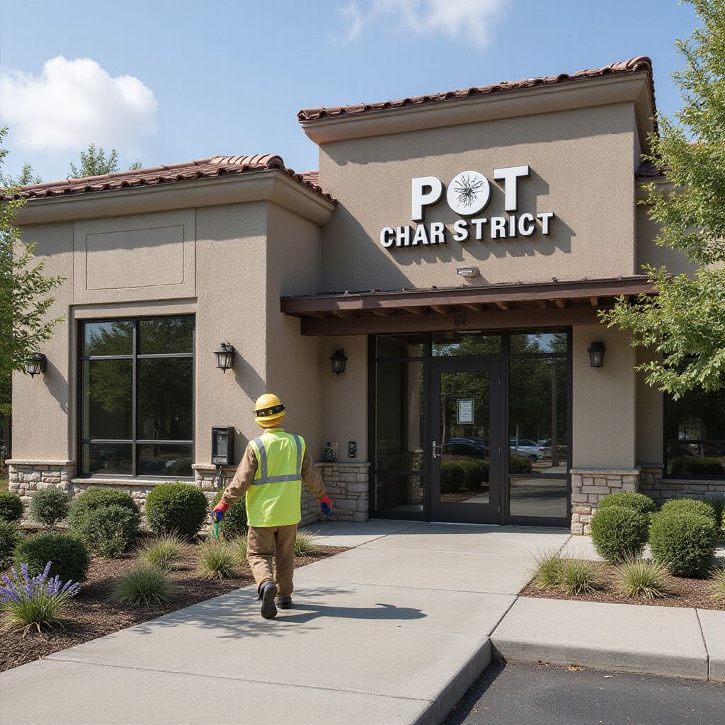 Man in work attire walks towards the entrance of Pot District dispensary, exterior shot.