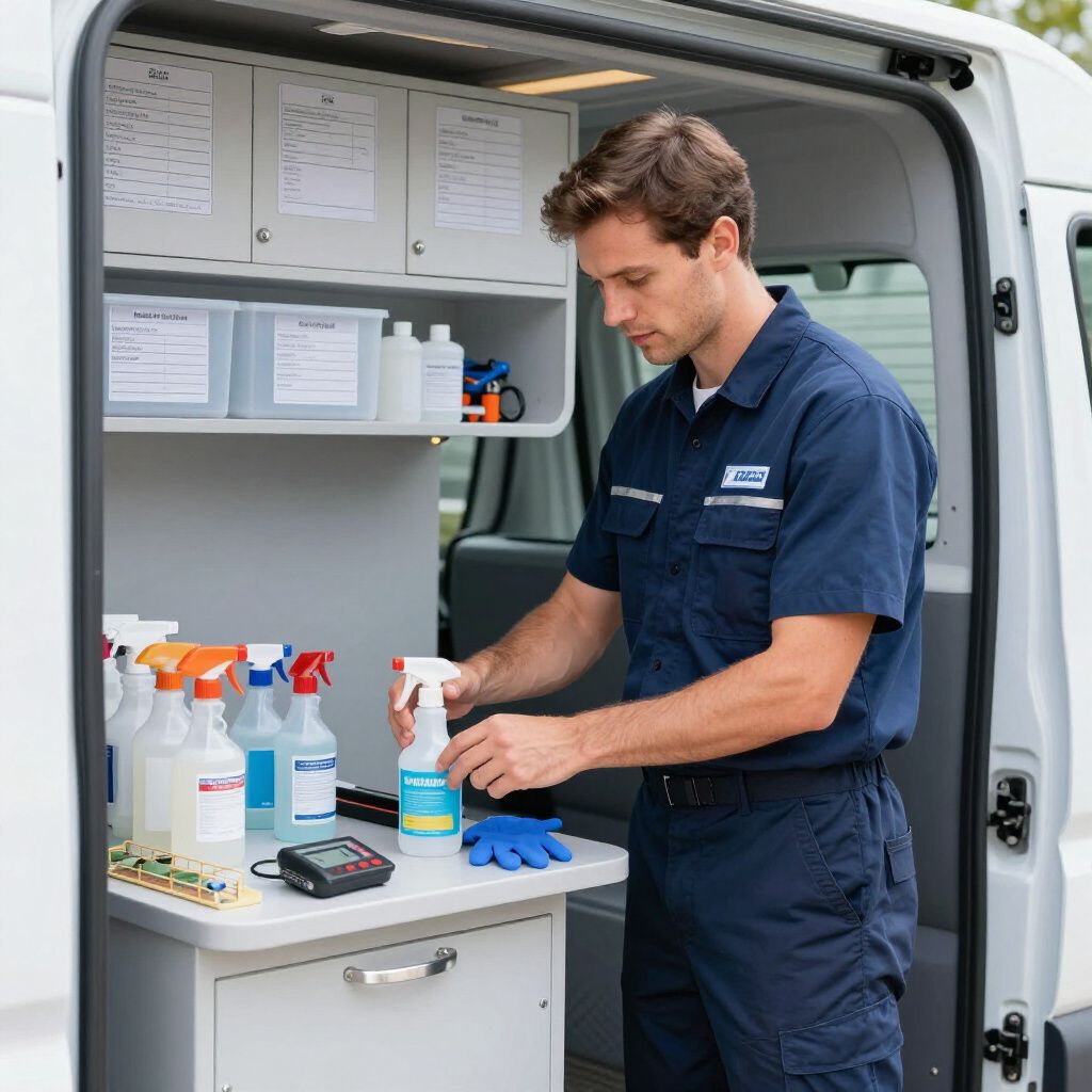 Man in blue uniform inside a van, preparing a spray bottle. White shelves hold supplies.