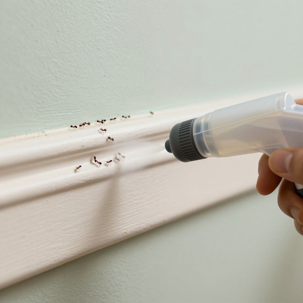 Hand applying liquid ant bait to a baseboard where ants are present.