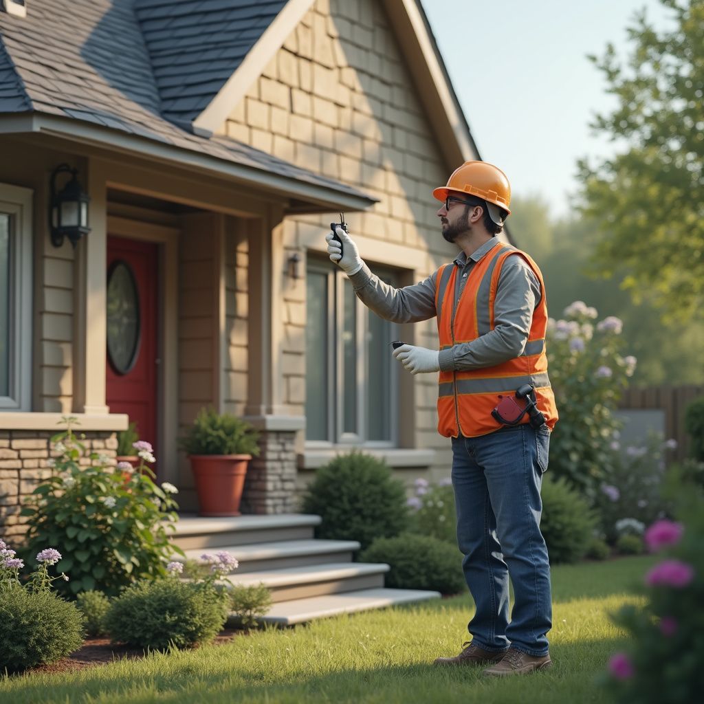 A worker in a hard hat and vest inspecting the exterior of a house.