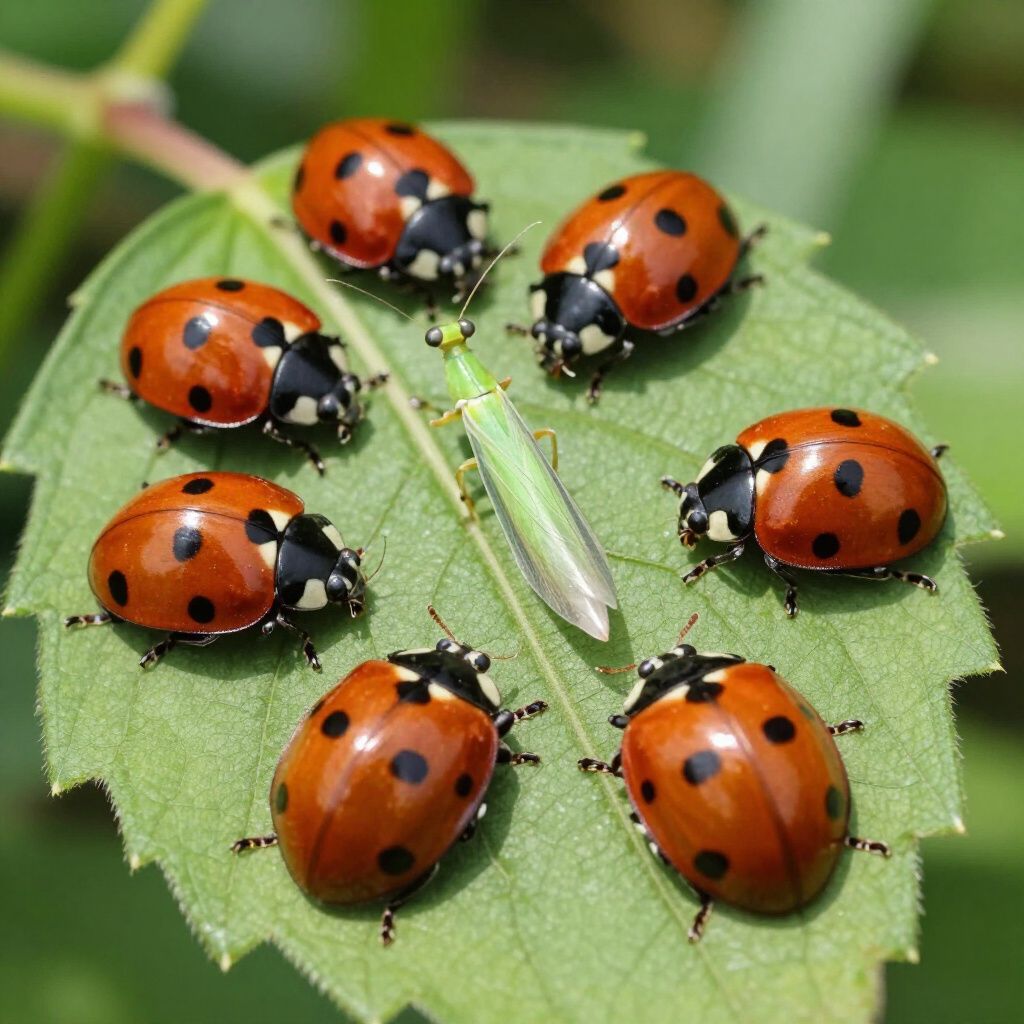 Lady bugs surrounding a praying mantis on green leaf