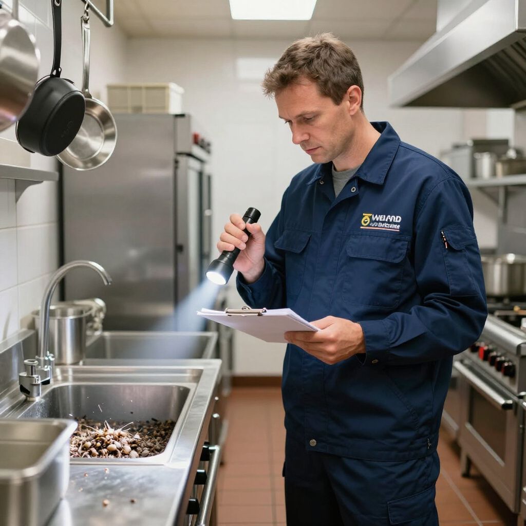 Man in blue uniform with flashlight inspecting a commercial kitchen sink.