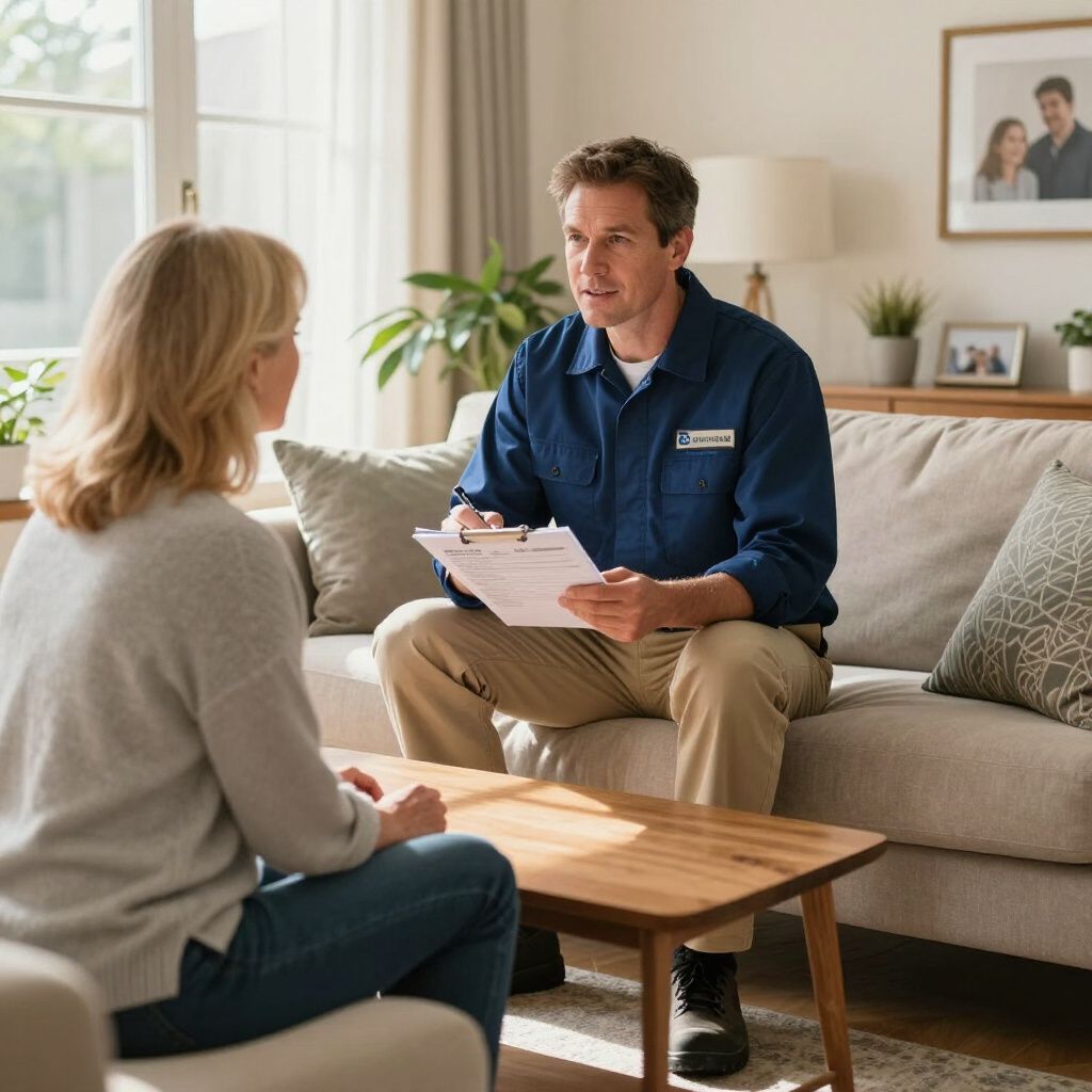 Man in blue shirt, holding clipboard, speaks to a woman on a couch in a living room.