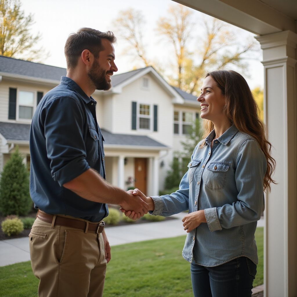 Man and woman shaking hands in front of a house, smiling.