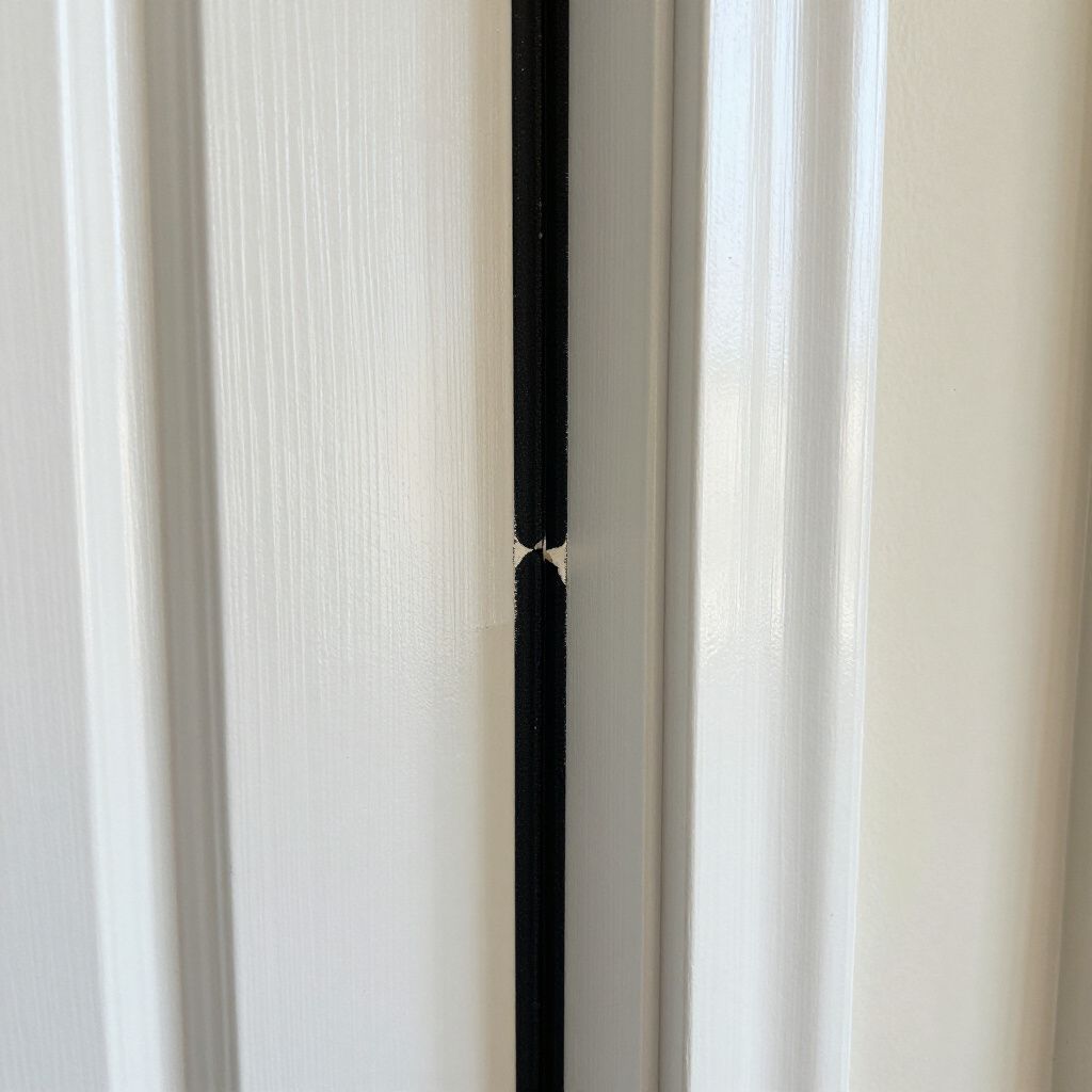 Close-up of a white door with a black weather strip; a small piece is missing, showing the wood.