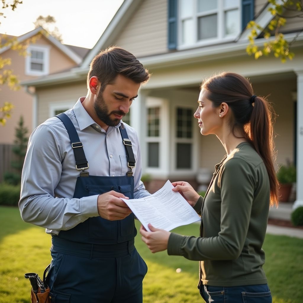 A person in overalls and a woman look at papers in front of a house.