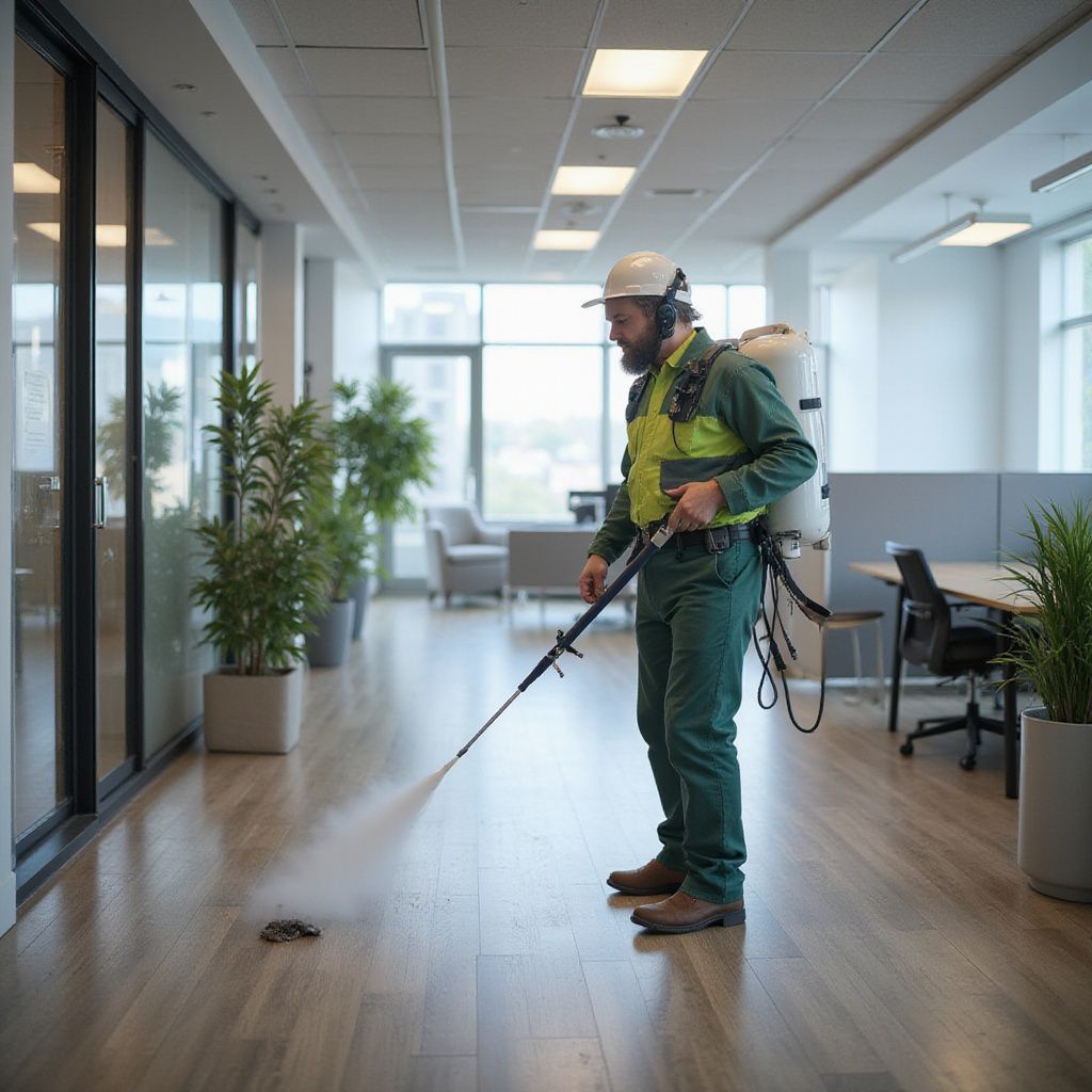 Pest control worker spraying a hallway in an office building.