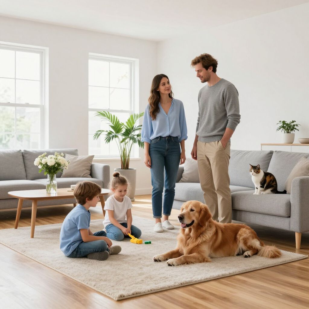 Family and pets in living room