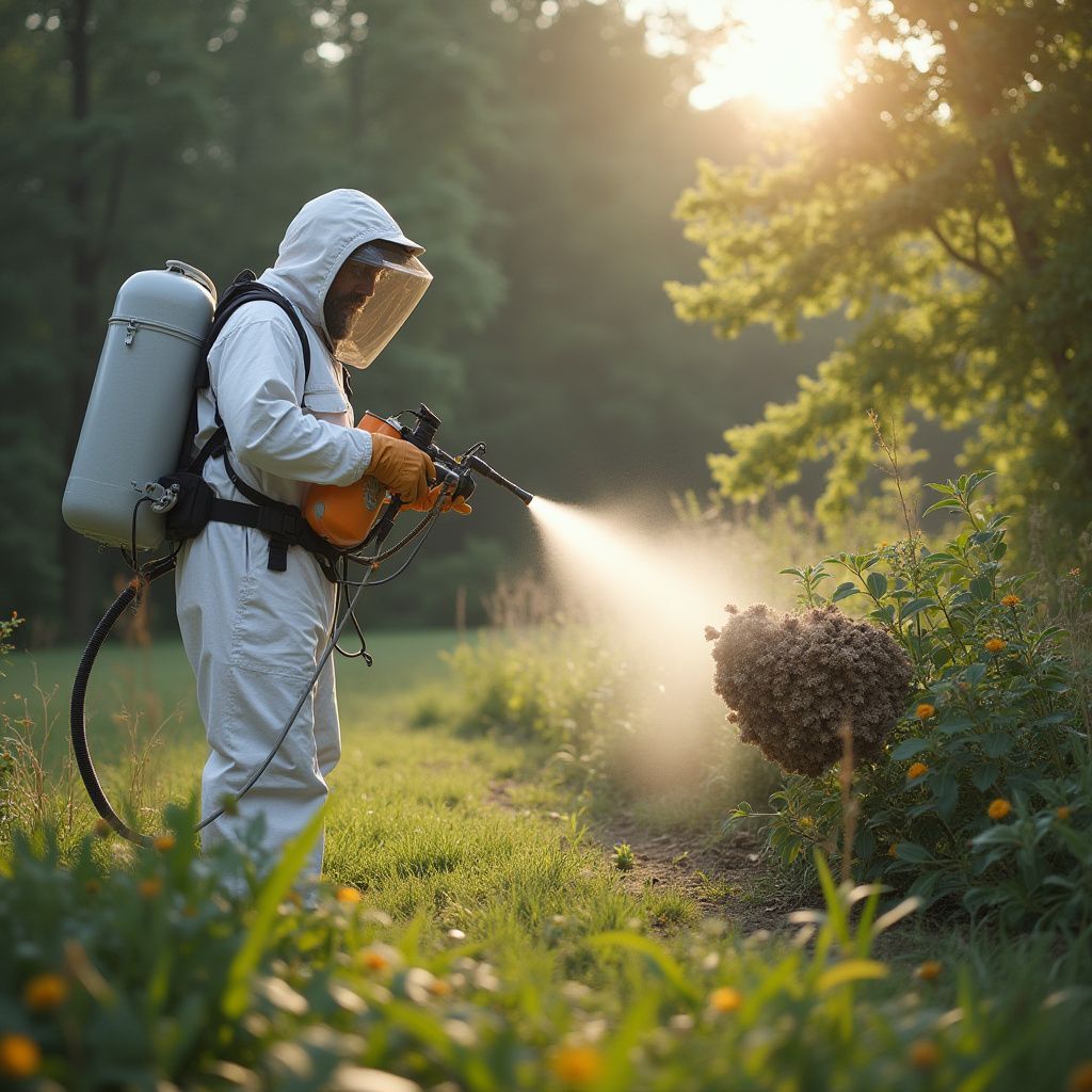 Person in protective suit spraying a beehive in a green, sunny environment.