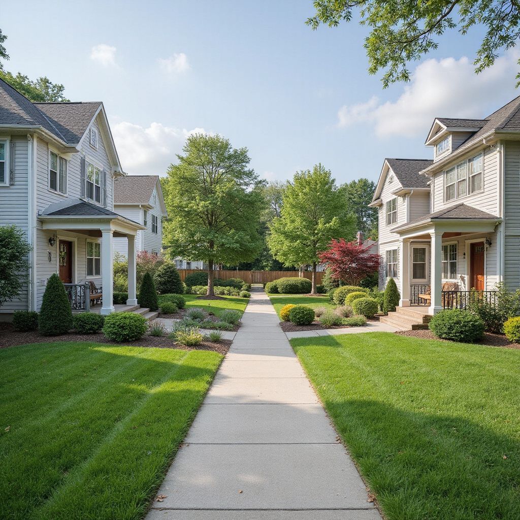 Row of houses with manicured lawns and a central sidewalk lined with gardens and trees.