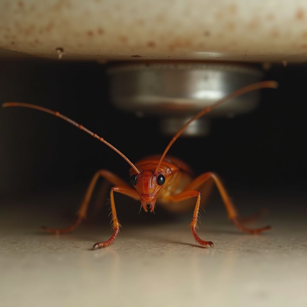 Orange cave cricket under a sink, staring forward.