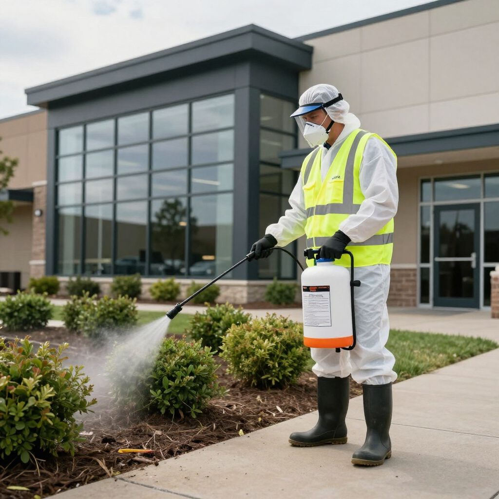 Person in protective gear spraying a pesticide onto bushes outside a building.