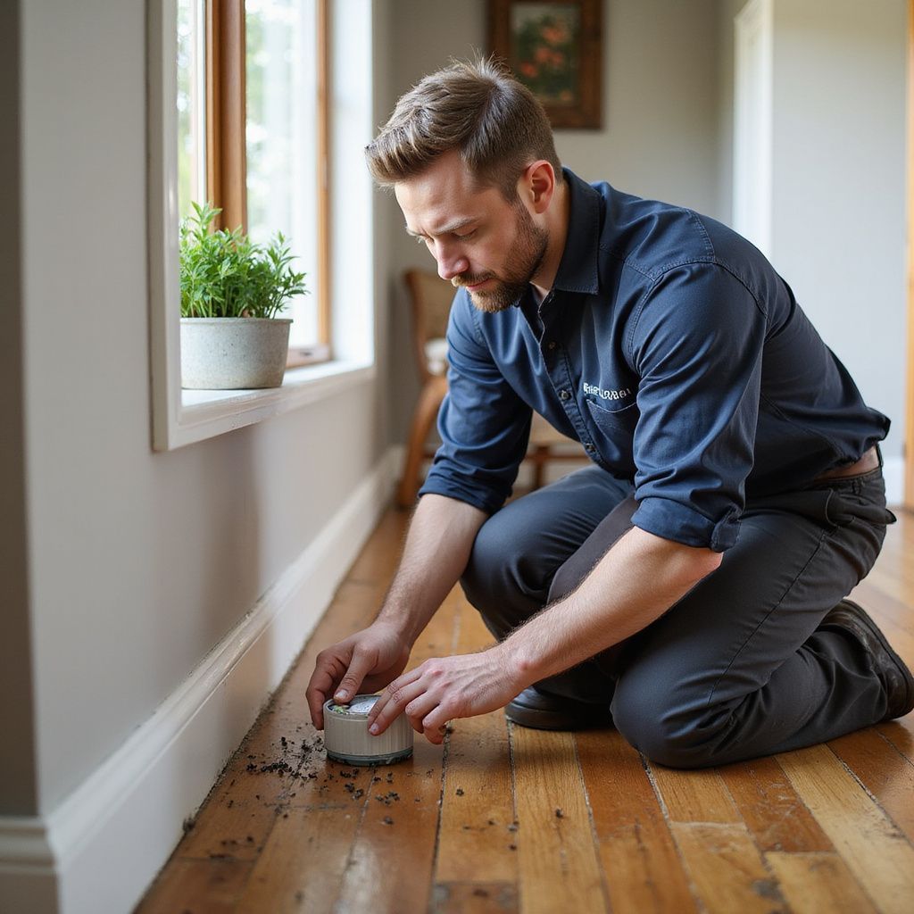 Man kneeling, placing a small container on a wooden floor near a baseboard. Indoors, window, plant visible.