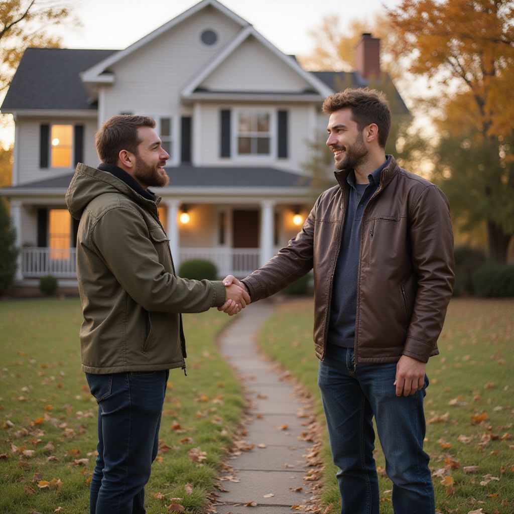 Two men shaking hands in front of a house on a fall day, smiling.