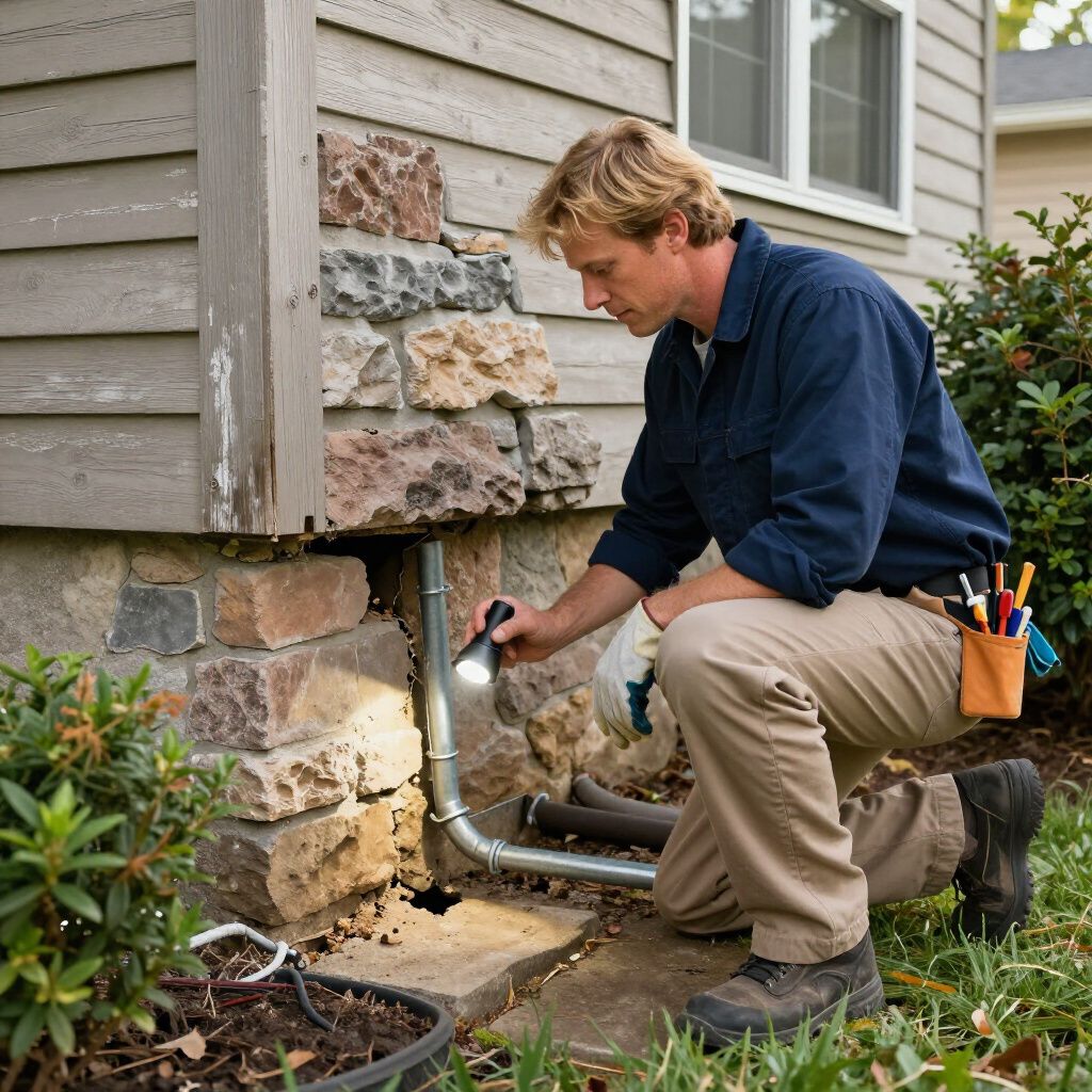 Man inspecting foundation with a flashlight; outdoors.