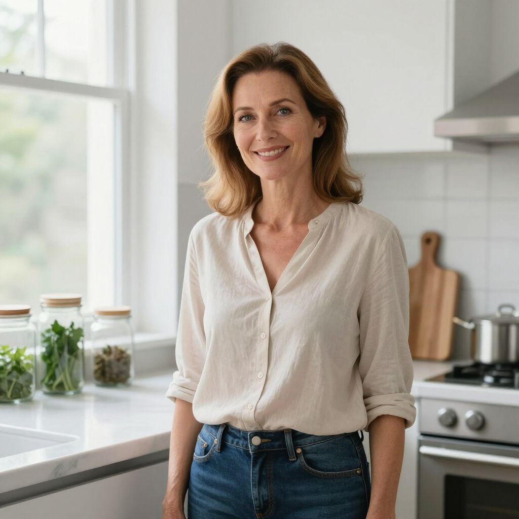 Woman smiling in a kitchen, leaning against a white countertop near a window.