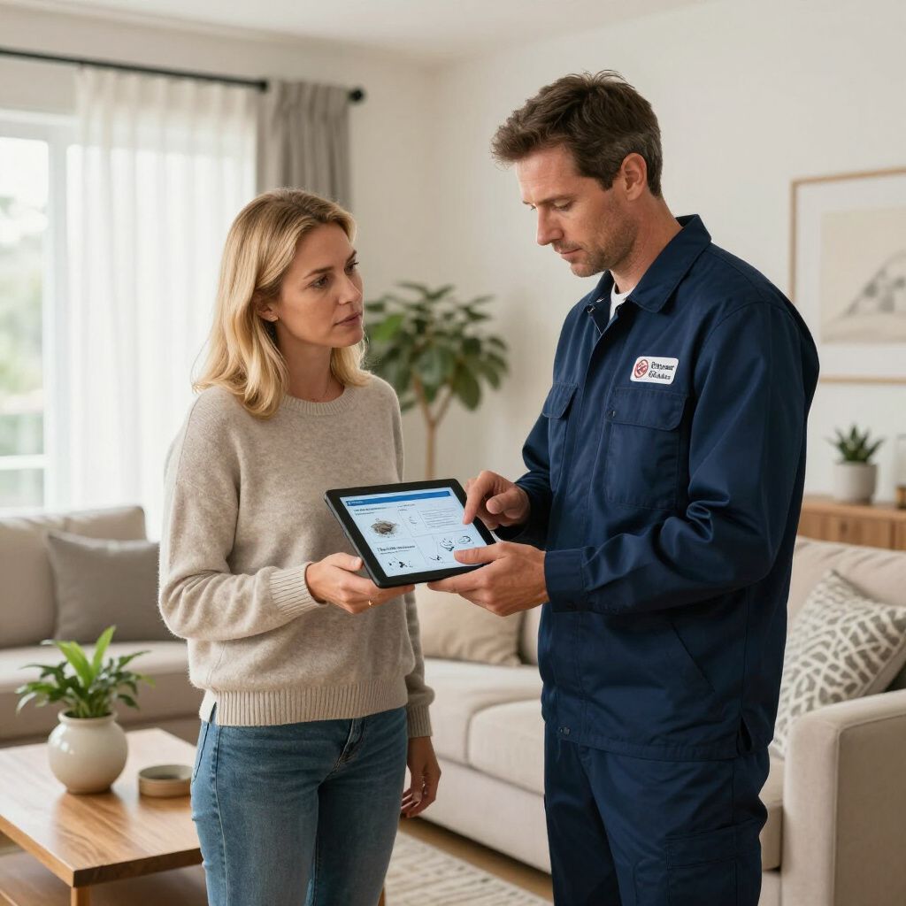 Woman and repairman look at tablet screen in a living room; the man points while explaining.