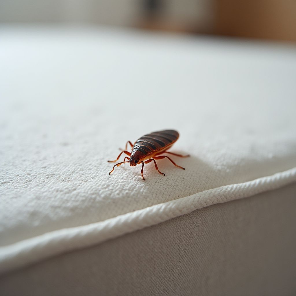 Bed bug on a white mattress. Brown and oval-shaped, with visible legs and antennae.