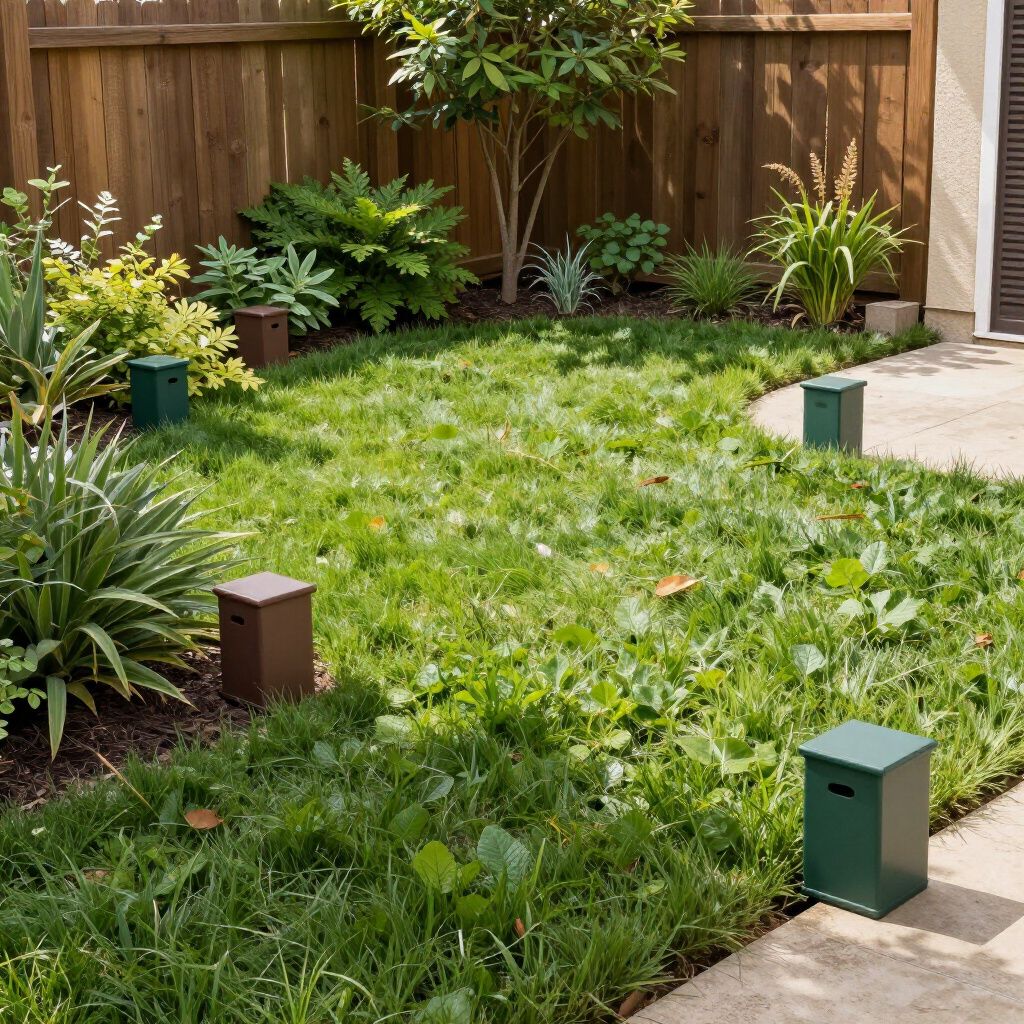 Backyard with green grass and green shrubs