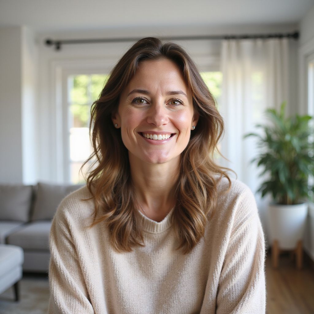 Woman smiling, wearing a beige sweater. Sitting in a room with couch, window, and plant.