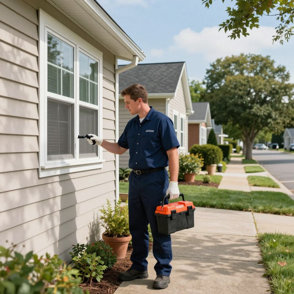 Man in blue uniform inspects a house window, carrying a toolbox on a sunny residential street.