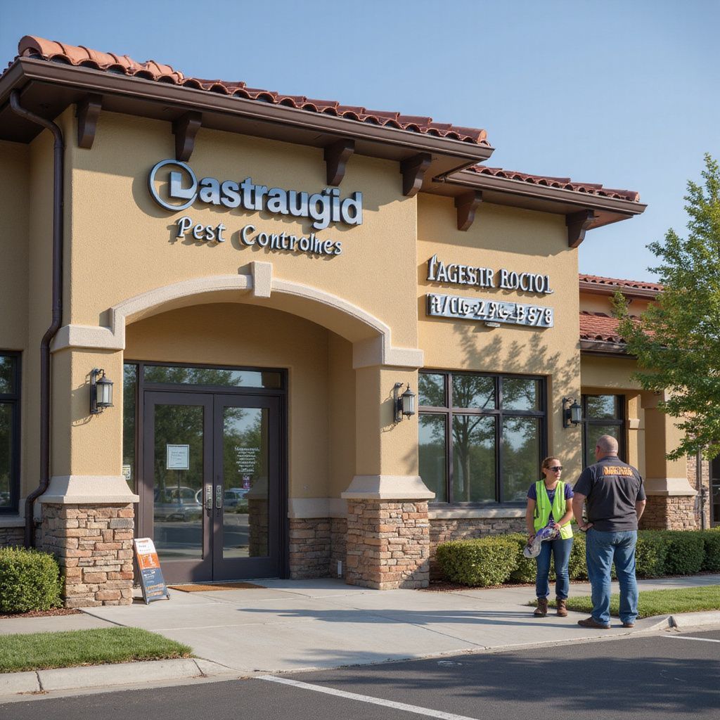 Exterior of Castraudio Pest Control building with two people talking outside.