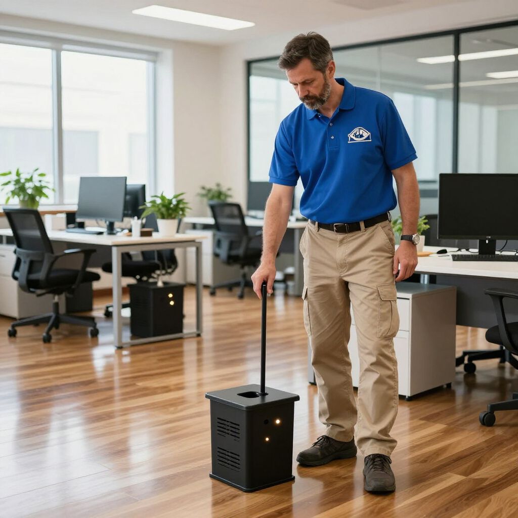 Man in blue shirt, khaki pants using a black robot-like device to clean an office with wooden floors.