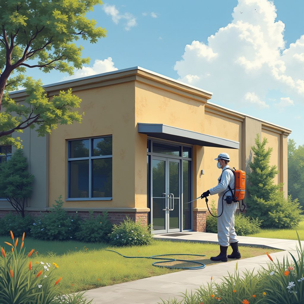 Pest control worker spraying building exterior; beige building, green grass, blue sky.