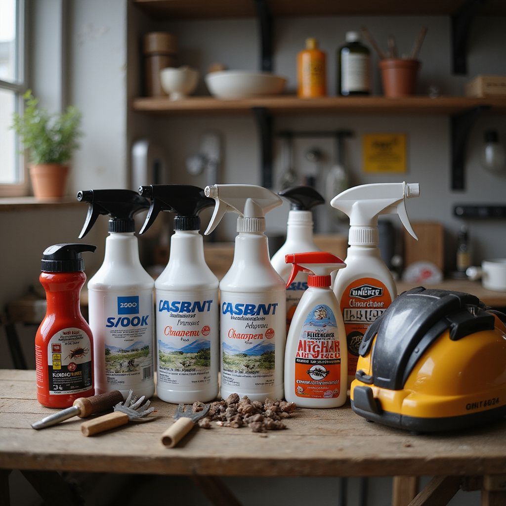 Spray bottles and tools on a wooden table in a well-lit workshop with shelves in the background.