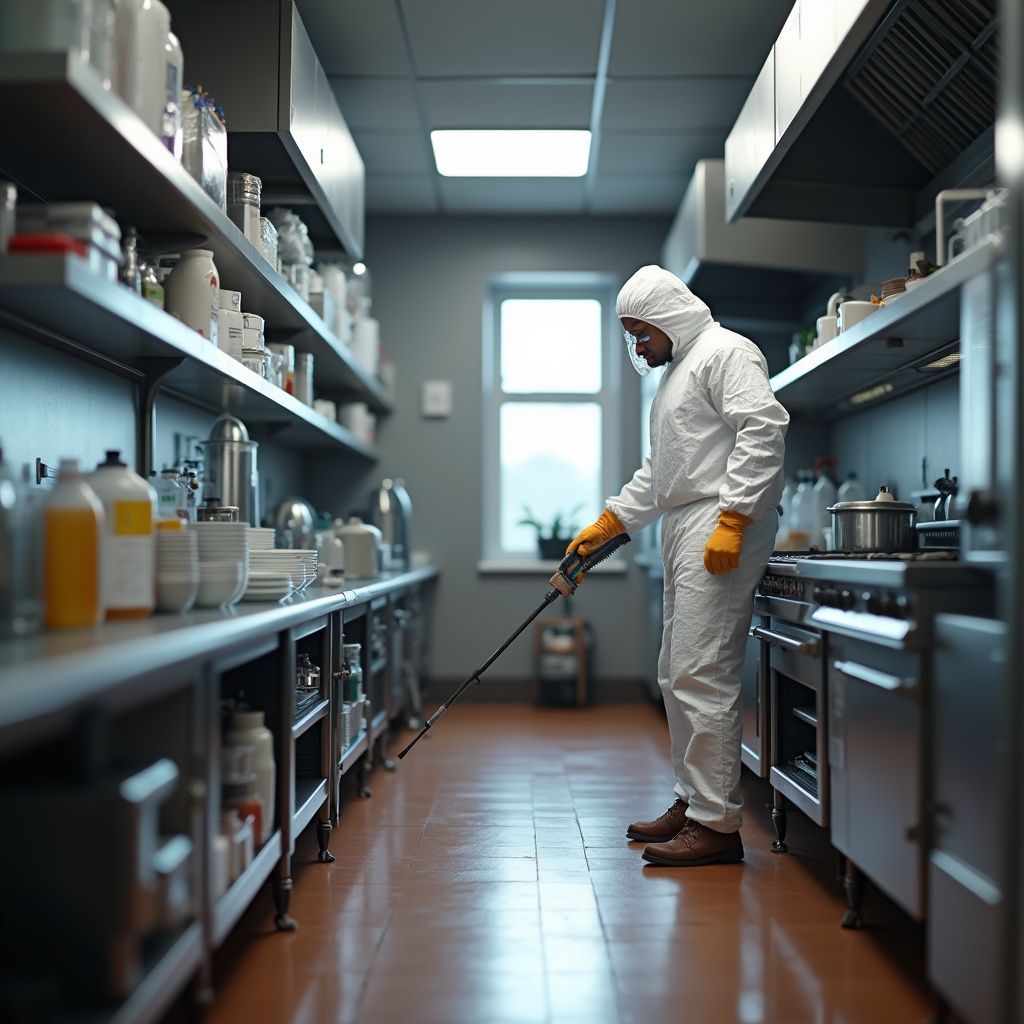 Person in protective suit spraying a commercial kitchen.