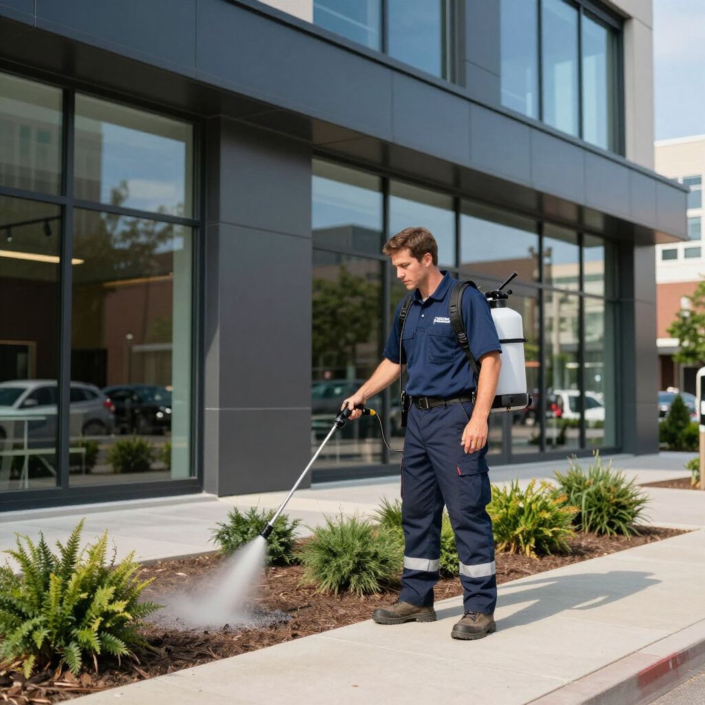 Man spraying vegetation with a backpack sprayer outside a building.