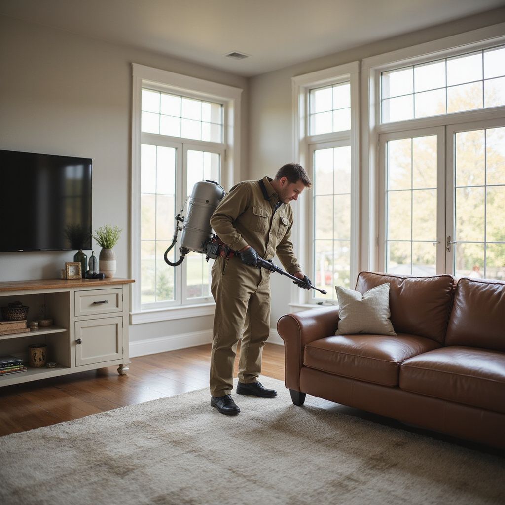 Pest control technician spraying a brown leather couch in a well-lit living room.