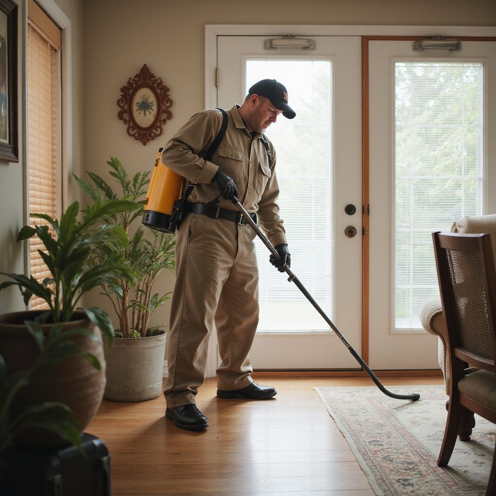 Pest control technician spraying a home interior. He's wearing a uniform, cap, and gloves. Yellow sprayer on his back.