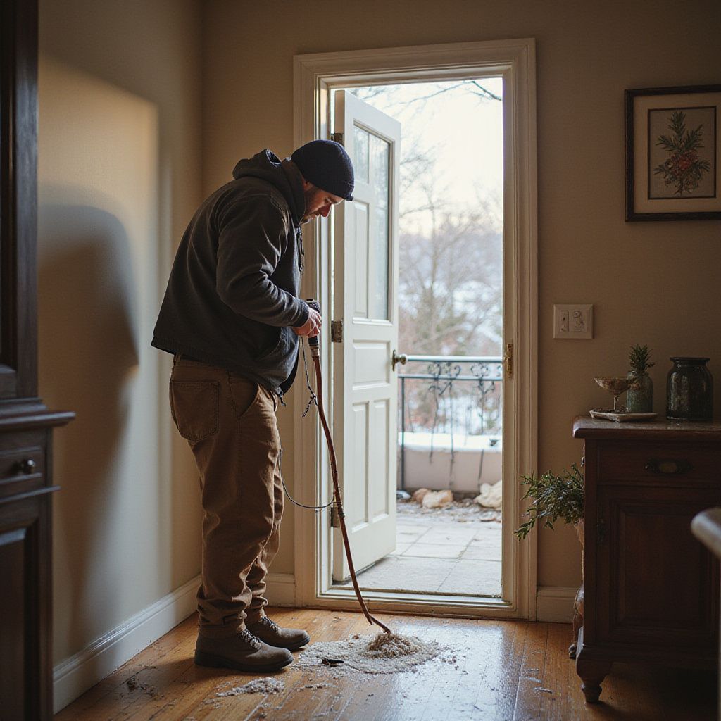 Man mopping a wet floor inside a house, open door to snowy patio.