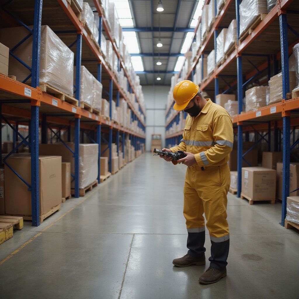 Man in yellow jumpsuit and hard hat inspects parts in warehouse aisle.