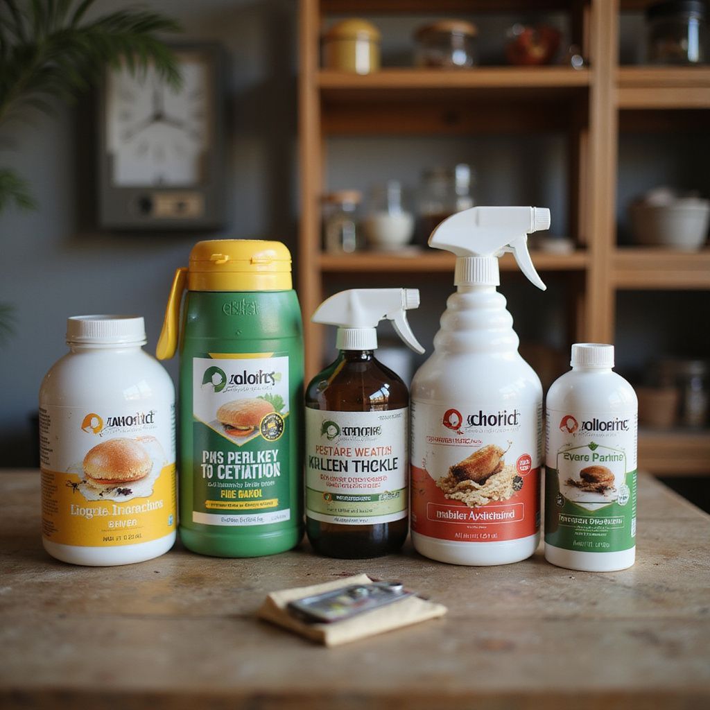 Various bottles of cleaning products with a mouse trap on a wooden surface.