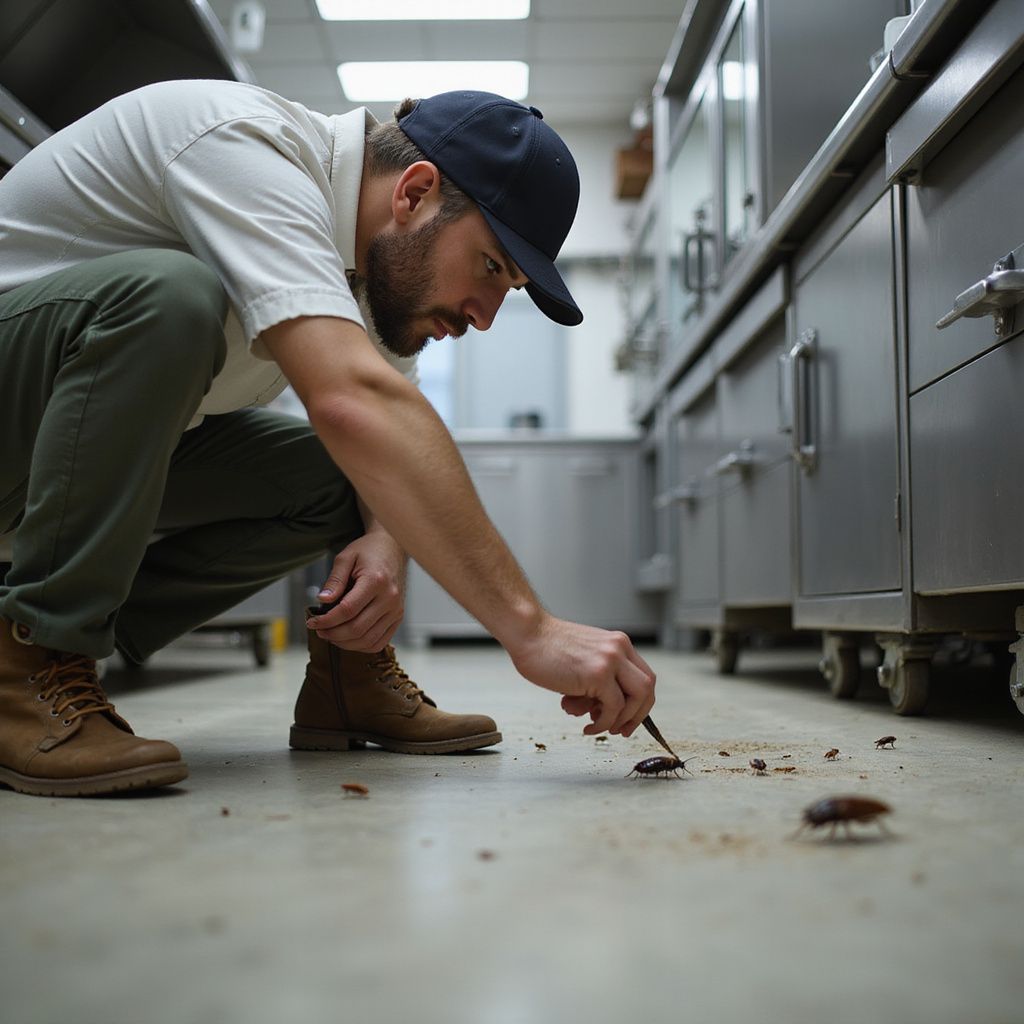 Man in a kitchen using a tool to examine roaches on the floor. He wears a cap, shirt, and work boots.