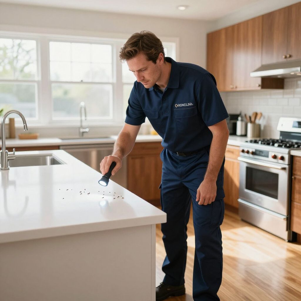 Man in blue uniform examining kitchen countertop with a flashlight.